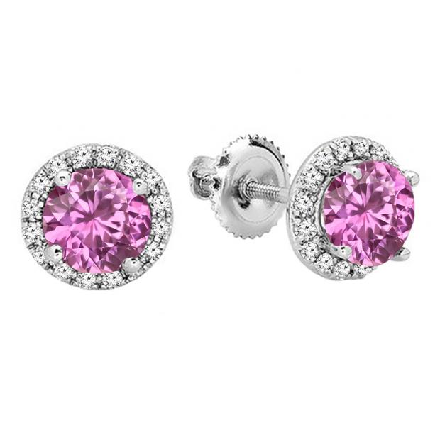 10K White Gold 6.5 MM Each Round Lab Created Pink Sapphire & White Diamond Ladies Stud Earrings