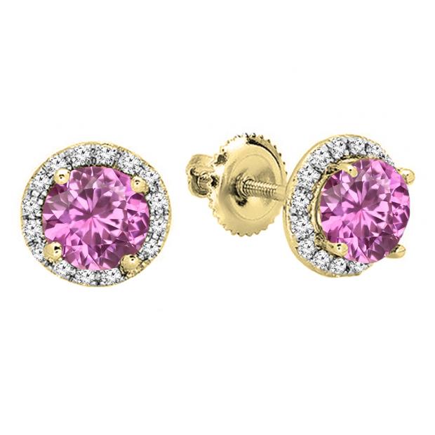 10K Yellow Gold 6.5 MM Each Round Lab Created Pink Sapphire & White Diamond Ladies Stud Earrings