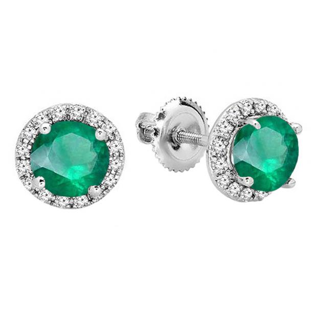 14K White Gold 6.5 MM Each Round Lab Created Emerald & White Diamond Ladies Stud Earrings