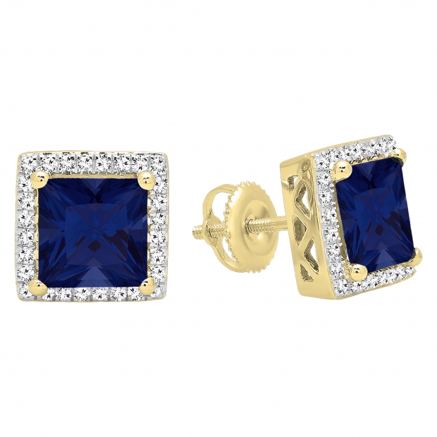 14K Yellow Gold 8 MM Each Princess Lab Created Blue Sapphire & Round Diamond Stud Earrings