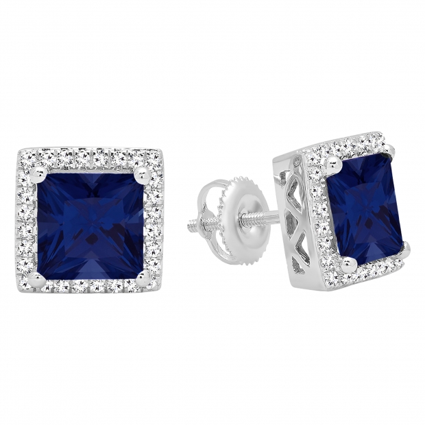 18K White Gold 8 MM Each Princess Lab Created Blue Sapphire & Round Diamond Stud Earrings