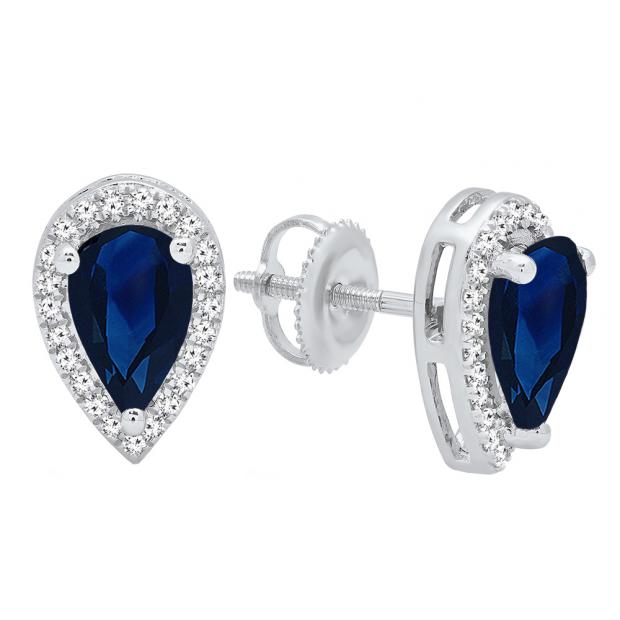 10K White Gold 8X5 MM Each Pear Lab Created Blue Sapphire & Round White Diamond Stud Earrings