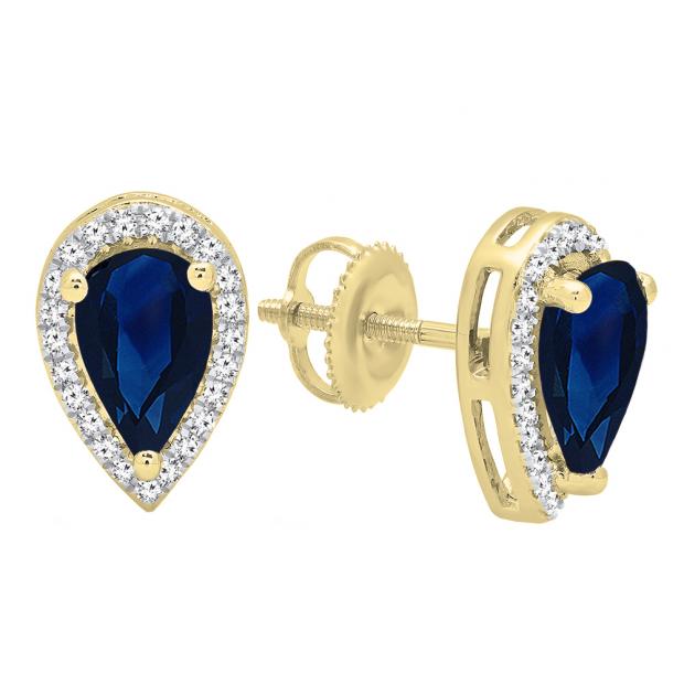 10K Yellow Gold 8X5 MM Each Pear Lab Created Blue Sapphire & Round White Diamond Stud Earrings