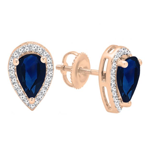 14K Rose Gold 8X5 MM Each Pear Lab Created Blue Sapphire & Round White Diamond Stud Earrings