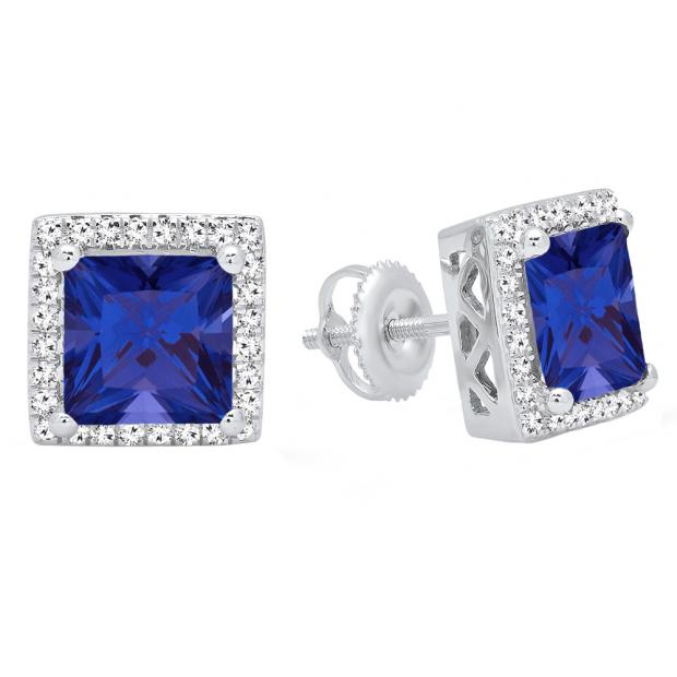 10K White Gold 7 MM Each Princess Lab Created Blue Sapphire & Round Diamond Ladies Stud Earrings