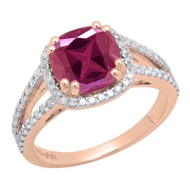 Cushion 8mm Ruby & Round White Diamond Halo Style Split Shank Engagement Ring for Women (White Diamond: 0.40 CT, Color I-J, Clarity I1-I2) in 14K Rose Gold