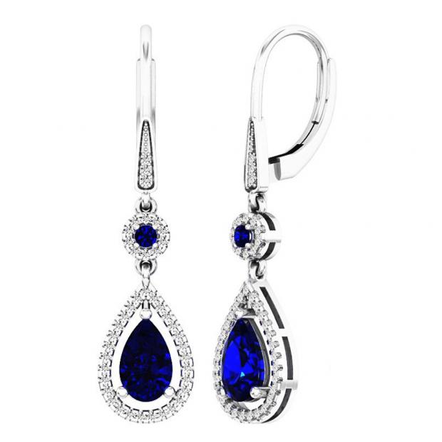 10K White Gold 8X5 MM Lab Created Round & Pear Blue Sapphire & Round Diamond Dangling Earrings