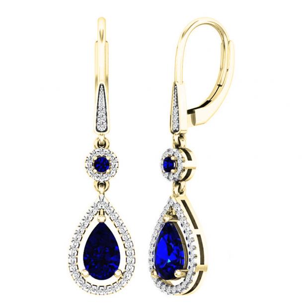 10K Yellow Gold 8X5 MM Lab Created Round & Pear Blue Sapphire & Round Diamond Dangling Earrings