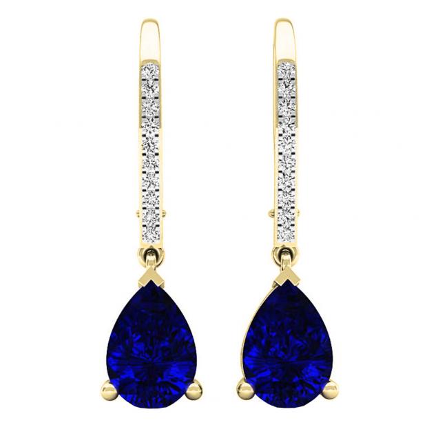 10K Yellow Gold 10X7 MM Pear Lab Created Blue Sapphire & Round Diamond Ladies Drop Earrings
