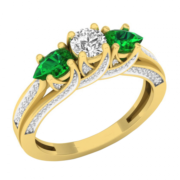 10K Yellow Gold 5X3 MM Pear Lab Created Emerald & Round Diamond Ladies 3 Stone Engagement Ring