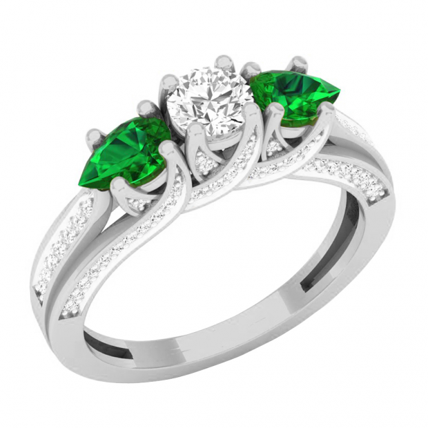14K White Gold 5X3 MM Pear Lab Created Emerald & Round Diamond Ladies 3 Stone Engagement Ring
