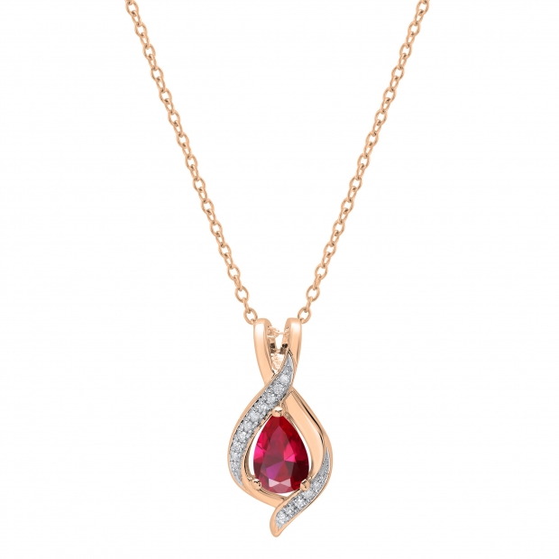 9x6 mm Pear Lab Created Ruby & Round White Diamond Swirl Teardrop Pendant with 18 inch Gold Chain for Women in 10K Rose Gold