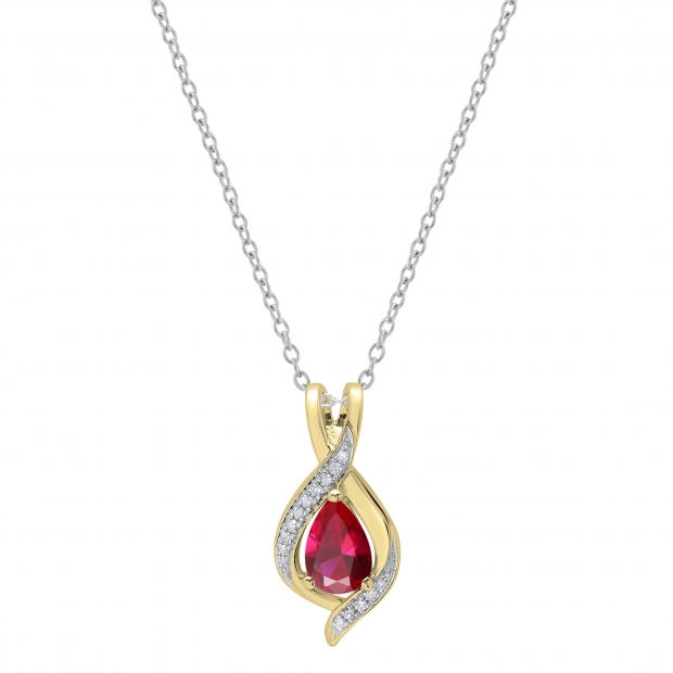 9x6 mm Pear Lab Created Ruby & Round White Diamond Swirl Teardrop Pendant with 18 inch Silver Chain for Women in 10K Yellow Gold