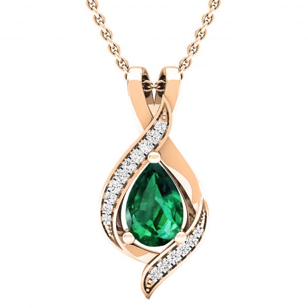 9X6mm Pear Center Lab Created Emerald & Round Natural White Diamond Teardrop Pendant with 18 Inch Gold Chain for Her in 10K Rose Gold