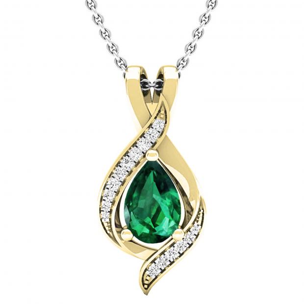 9X6mm Pear Center Lab Created Emerald & Round Natural White Diamond Teardrop Pendant with 18 Inch Silver Chain for Her in 10K Yellow Gold