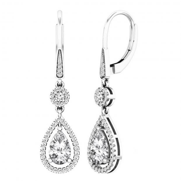 8X5 MM Lab Created Round & Pear White Sapphire & Round Diamond Dangling Earrings 10K White Gold