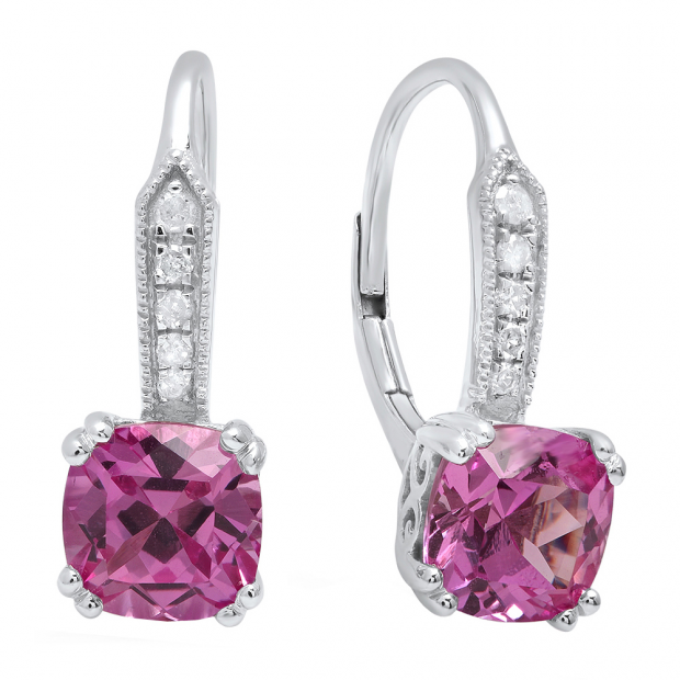 Sterling Silver 7 MM Each Lab Created Cushion Pink Sapphire & Round Diamond Ladies Drop Earrings