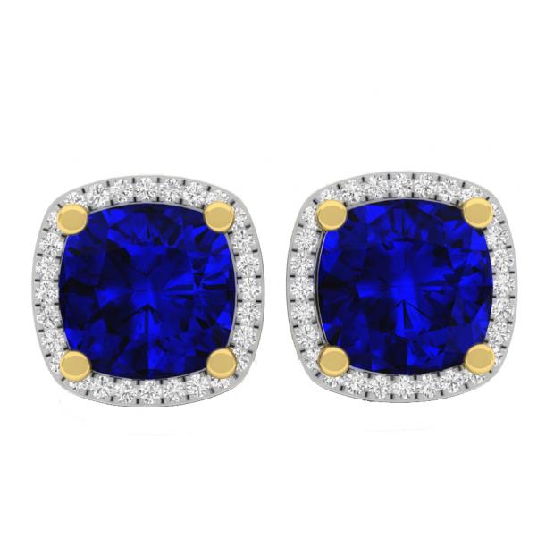 14K Yellow Gold 8 MM Each Cushion Lab Created Blue Sapphire & Round White Diamond Stud Earrings