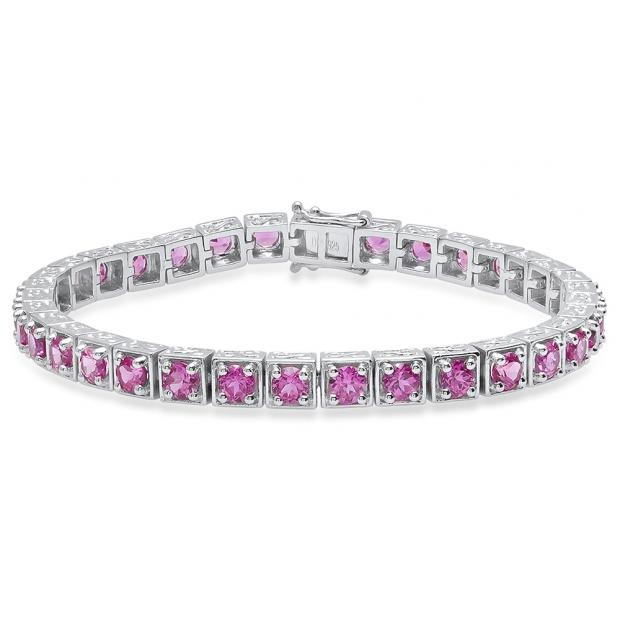 Sterling Silver 4 MM Each Round Lab Created Pink Topaz Ladies Tennis Bracelet
