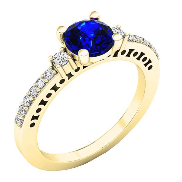 10K Yellow Gold 6 MM Round Lab Created Blue & White Sapphire And Diamond Ladies 3 Stone Ring