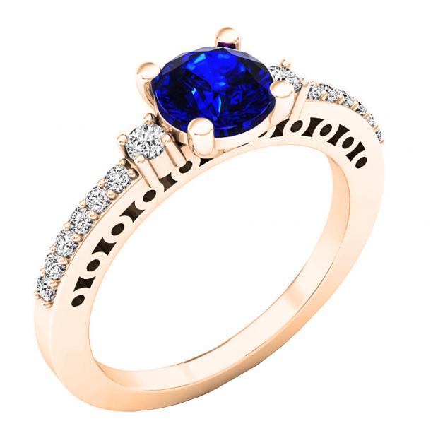 18K Rose Gold 6 MM Round Lab Created Blue & White Sapphire And Diamond Ladies 3 Stone Ring