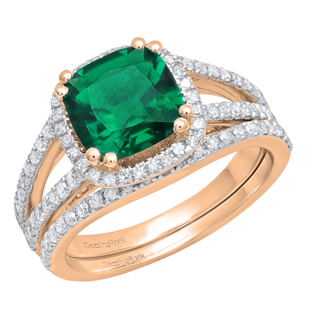 10K Rose Gold 8 MM Cushion Lab Created Emerald & Round Diamond Ladies Bridal Ring Set