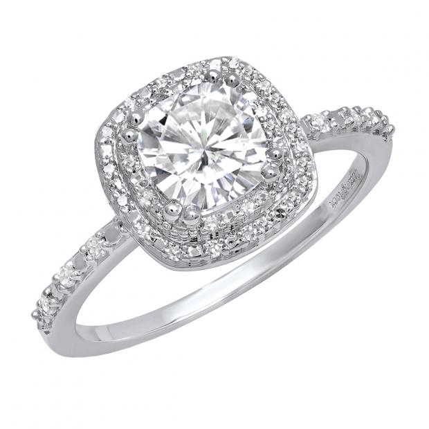 18K White Gold 6 MM Cushion Lab Created White Sapphire & Round Diamond Ladies Engagement Ring