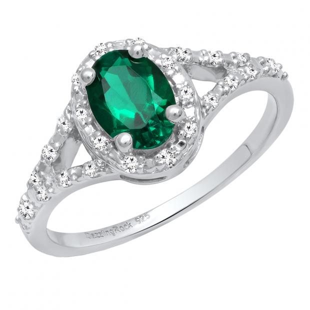 Sterling Silver 7X5 MM Oval Lab Created Emerald & White Diamond Ladies Engagement Ring