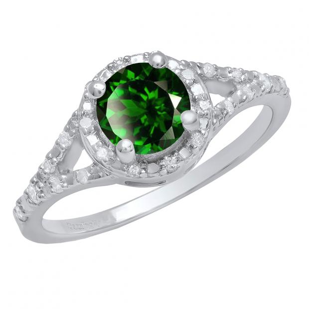 Sterling Silver 6 MM Round Lab Created Emerald & White Diamond Ladies Engagement Ring