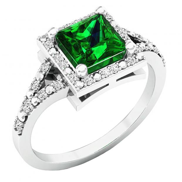 Sterling Silver 6 MM Princess Lab Created Emerald & Round White Diamond Ladies Engagement Ring