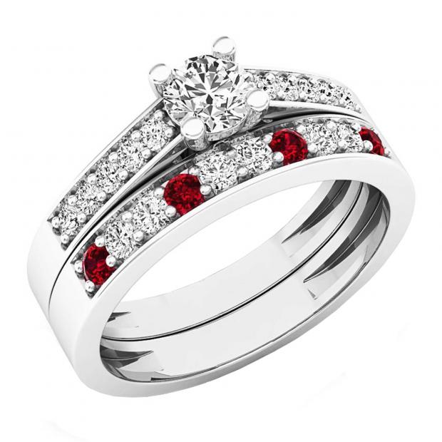 18K White Gold Round Lab Created Ruby & White Diamond Ladies Bridal Wedding Ring Set