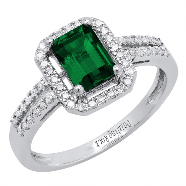 7x5mm Emerald Shape Lab Created Emerald & Round White Diamond Halo Engagement Ring for Women in 10K White Gold