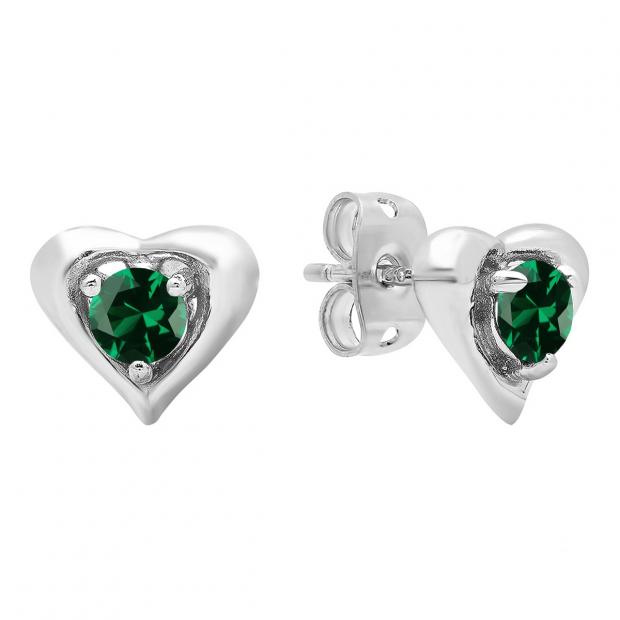 4 mm Round Lab Created Emerald Ladies Heart Stud Earrings Sterling Silver
