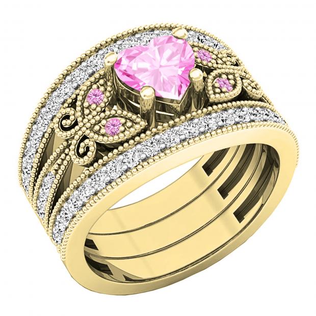 6mm Heart & Round Shape Lab Created Gemstone & Round Cubic Zirconia Metal Beaded Style Anniversary Ring Set For Women 10K Yellow Gold