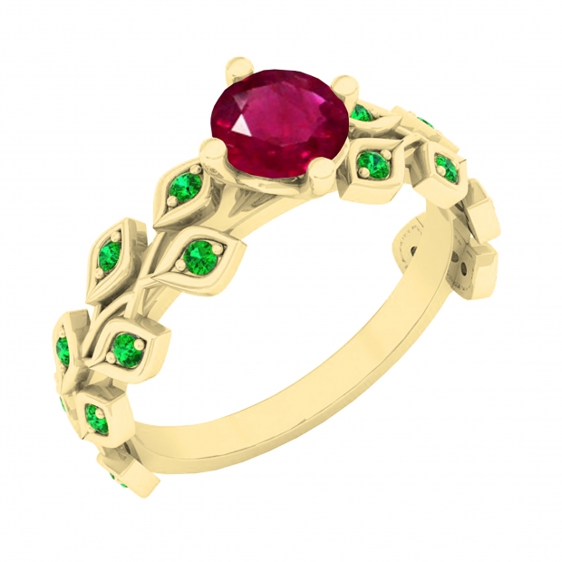 14K Yellow Gold 5.5 MM Round Lab Created Ruby & Natural Emerald Ladies Bridal Engagement Leaf Ring