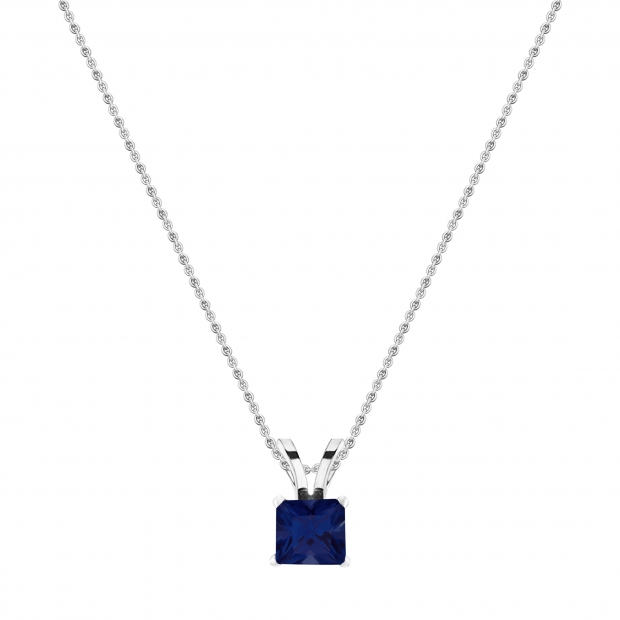 5 mm Princess Lab Created Blue Sapphire Ladies Solitaire Pendant 14K White Gold