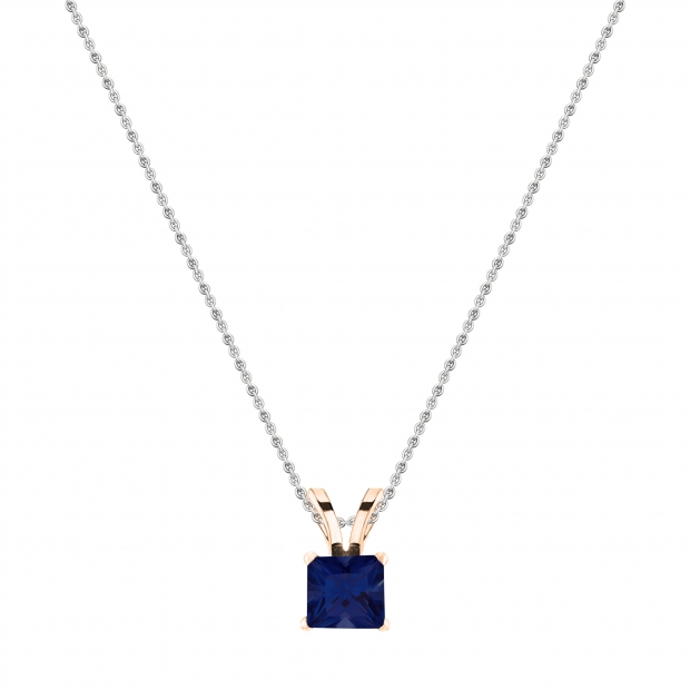 5 mm Princess Lab Created Blue Sapphire Ladies Solitaire Pendant 18K Rose Gold