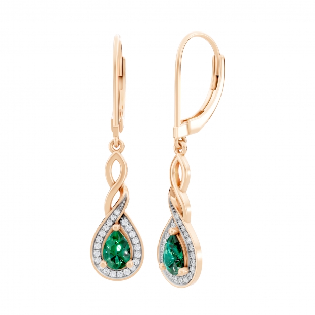 6x4mm each Pear Lab Created Emerald & Round White Diamond Swirl Halo Lever Back Dangling Earrings for Women in 14K Rose Gold