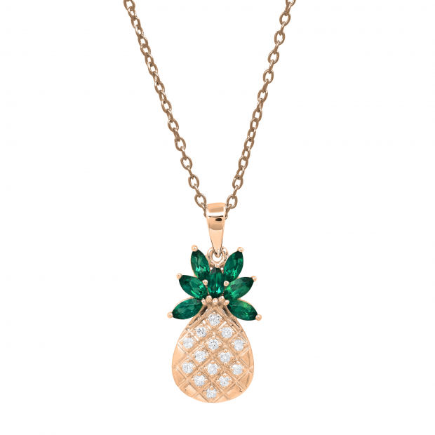 4X2 mm Marquise Lab Created Emerald & Round White Diamond Ladies Pineapple Pendant, 10K Rose Gold