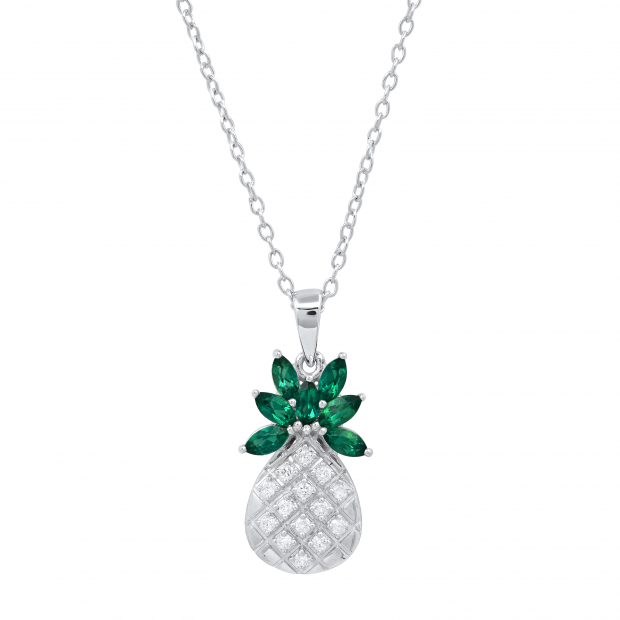 4X2 mm Marquise Lab Created Emerald & Round White Diamond Ladies Pineapple Pendant, Sterling Silver