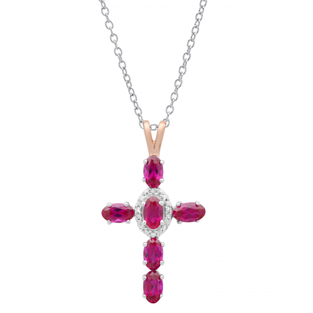 5X3 mm Oval Lab Created Ruby & Round White Diamond Ladies Cross Pendant, 14K White & Rose Gold