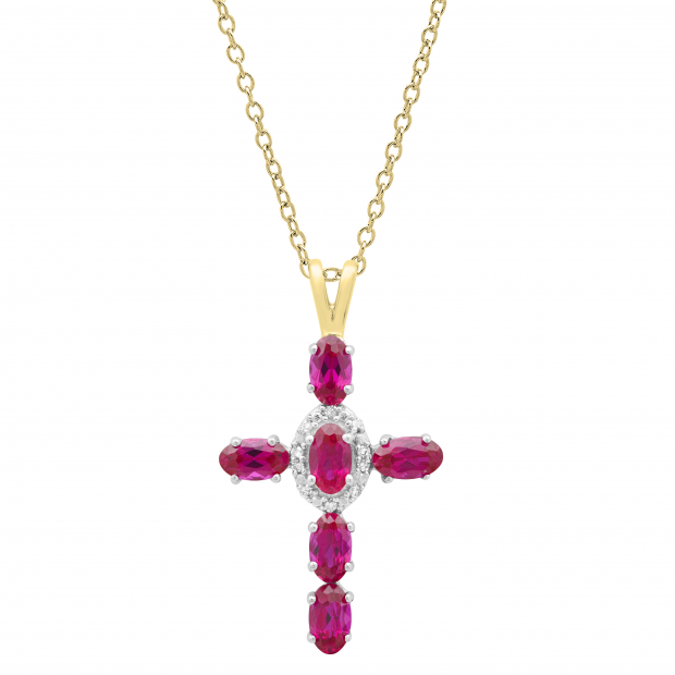 5X3 mm Oval Lab Created Ruby & Round White Diamond Ladies Cross Pendant, 18K White & Yellow Gold