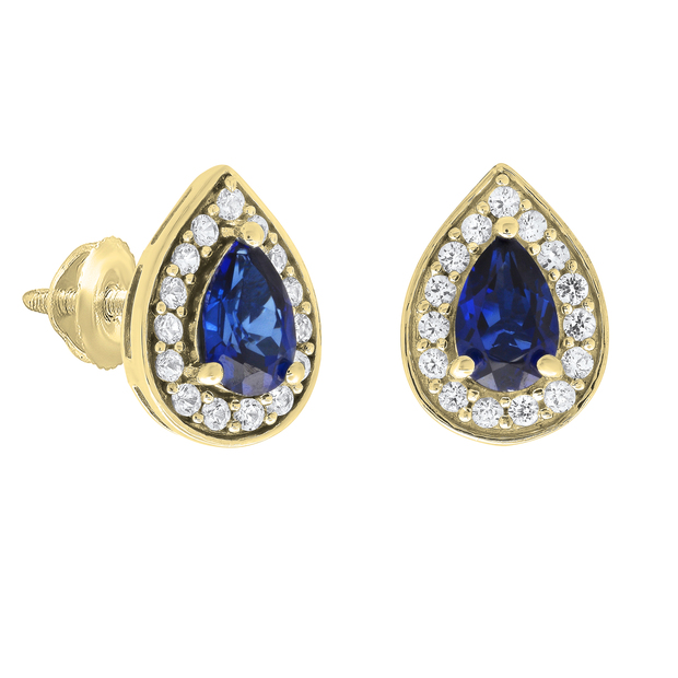 6X4 MM Pear Lab Created Blue Sapphire & Round White Sapphire Ladies Halo Teardrop Stud Earring 14K Yellow Gold