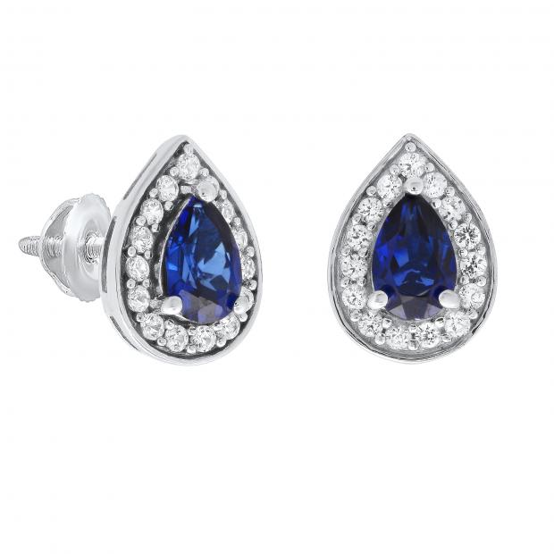 6X4 MM Pear Lab Created Blue Sapphire & Round White Sapphire Ladies Halo Teardrop Stud Earring Sterling Silver