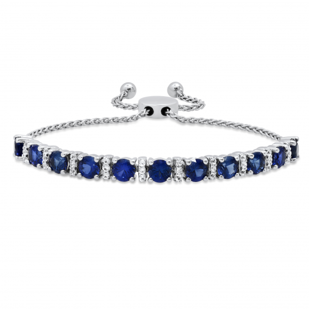 5 MM Each Lab Created Round Blue Sapphire & White Sapphire Ladies Bolo Bracelet Sterling Silver