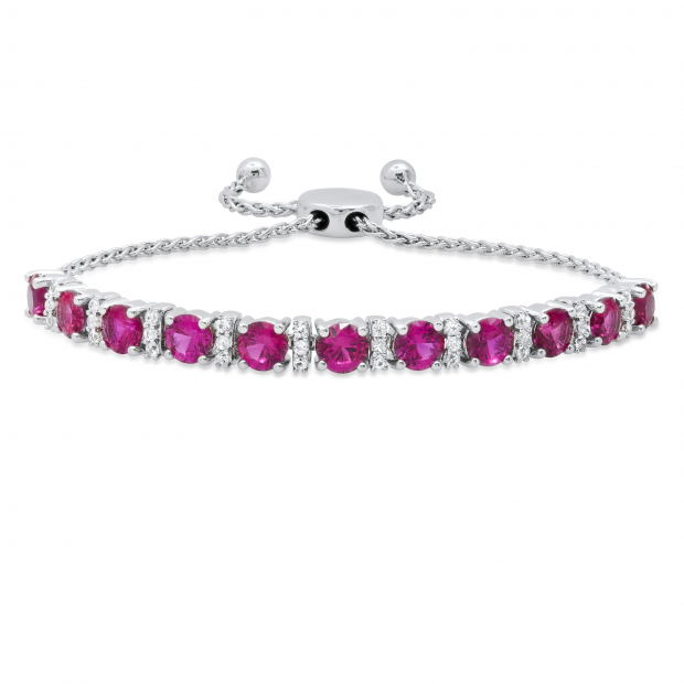 5 MM Each Lab Created Round Ruby & White Sapphire Ladies Bolo Bracelet Sterling Silver