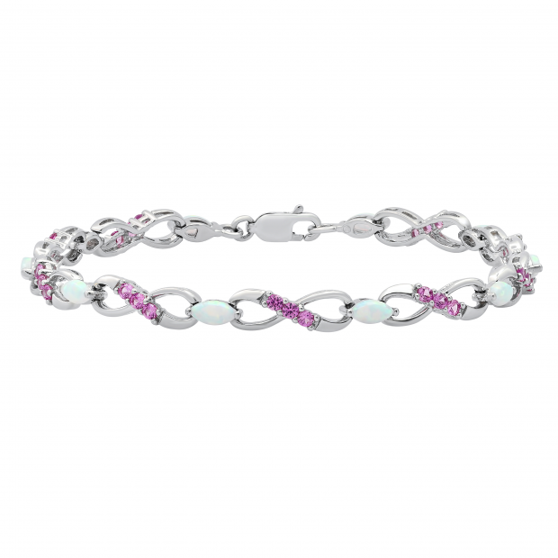 6X4 mm Marquise Lab Created Opal & Round Pink Sapphire Ladies Infinity Bracelet Sterling Silver