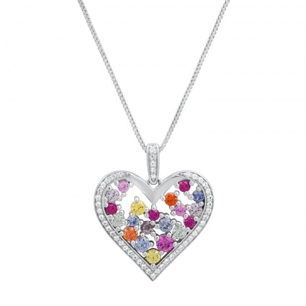 Round Lab Created Multi Color Sapphires Ladies Heart Shape Pendant 925 Sterling Silver