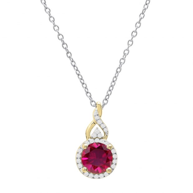 7 mm Round Lab Created Ruby & Natural White Diamond Pendant for Women with 18 inch Silver Chain in 14K Yellow Gold