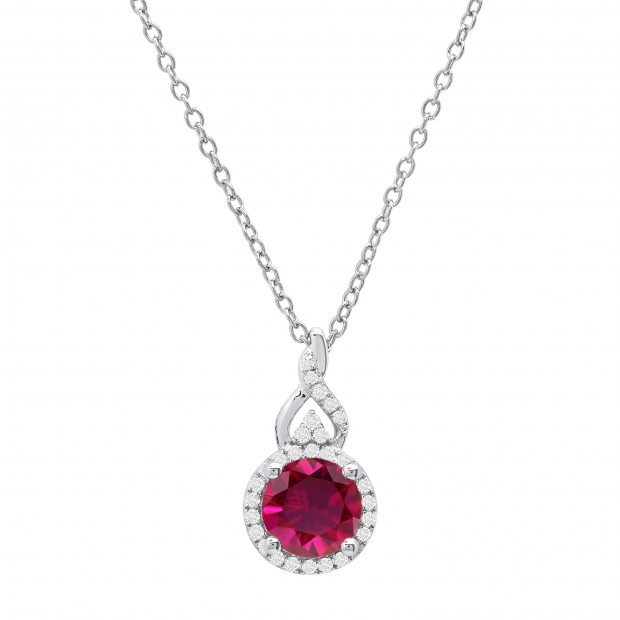 7 mm Round Lab Created Ruby & Natural White Diamond Pendant for Women with 18 inch Silver Chain in 925 Sterling Silver